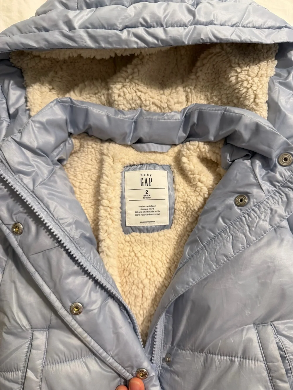 Gap Baby Light Blue Puffer Hooded Coat with Sherpa Lining